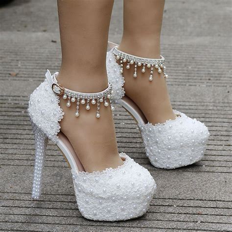 Round Toe White Lace Summer Sandals With Buckle Straps 14cm High Heel