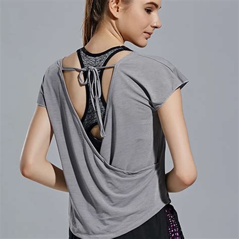 2018 women shirts newest sexy quick dry workout sport open back yoga top t shirts short sleeve