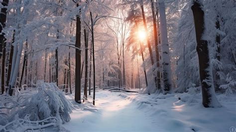 Premium Ai Image A Snowy Path In The Forest With The Sun Shining On