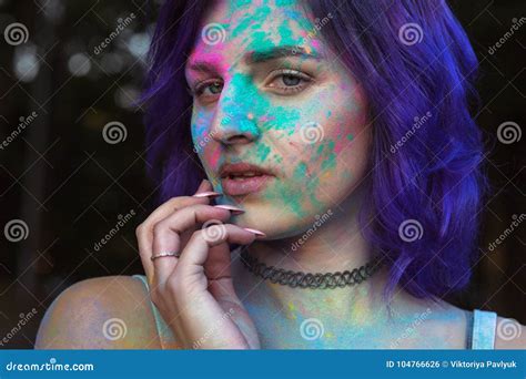 Closeup Portrait Of Beautiful Woman With Purple Hair And Tattoo Stock