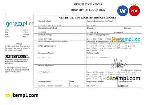 Kenya Certificate Of Registration Of Schools Doc And Pdf Template