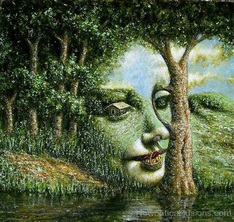 A Painting Of A Mans Face Peeking Out From Behind A Tree In The Water