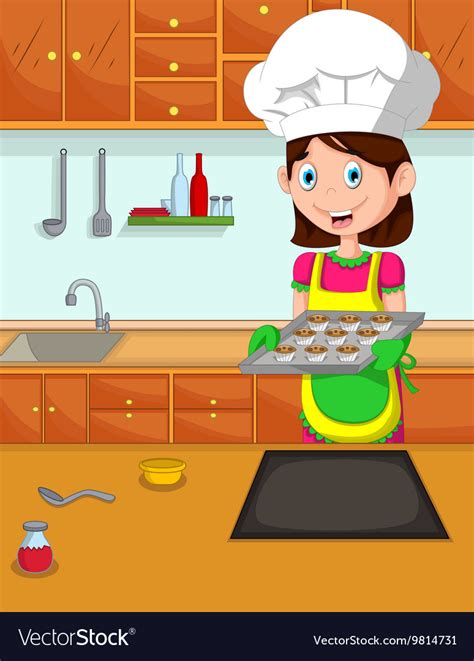 Cute Mom Cartoon Cook In Kitchen Royalty Free Vector Image