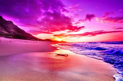 Pink Sea Clou Bright Enchantinf Waves Sky Mountain Pink Ocean Sunset HD Wallpaper