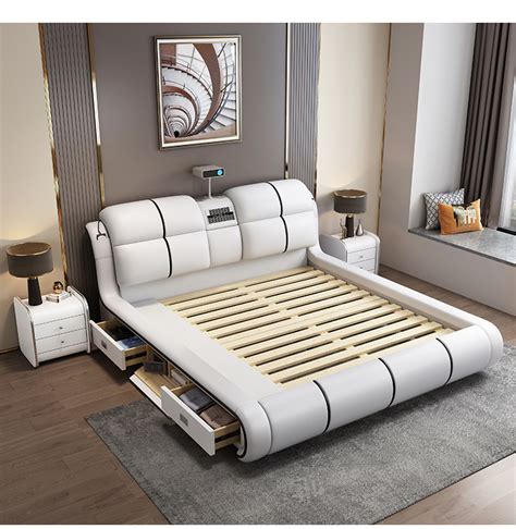 Luxury High Quality Tatami Leather Smart Bed Upholstered Solid Wood Frame Bed Multi Functional