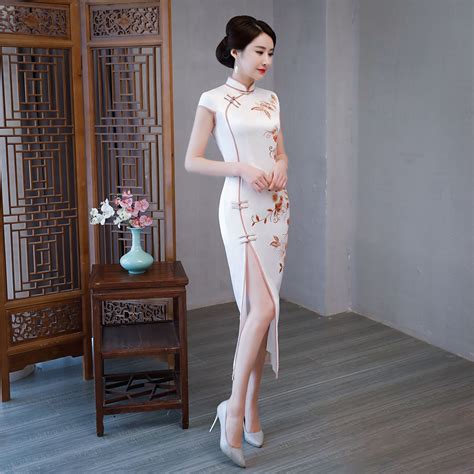 Shanghai Story Long Qipao Dress Faux Silk Chinese Style Long Cheongsam Dress Chinese Oriental