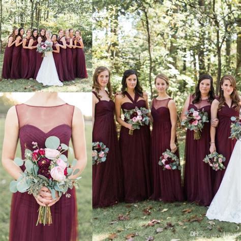 Burgundy 2017 Country Bridesmaid Dresses Long Tulle Sheer