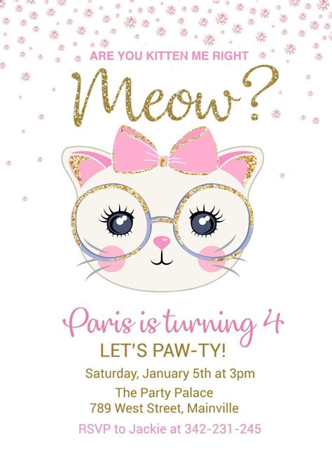 Cat Kitten Kitty Birthday Party Invitation Girl Gold Printable