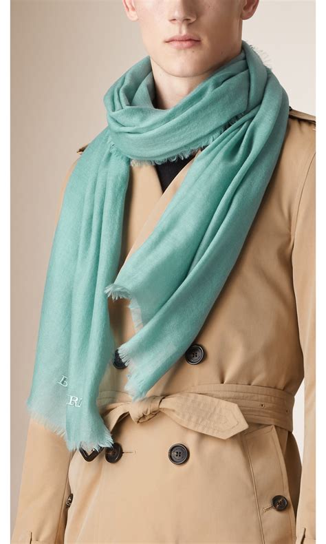 Embroidered Lightweight Cashmere Scarf In Light Green Opal Women