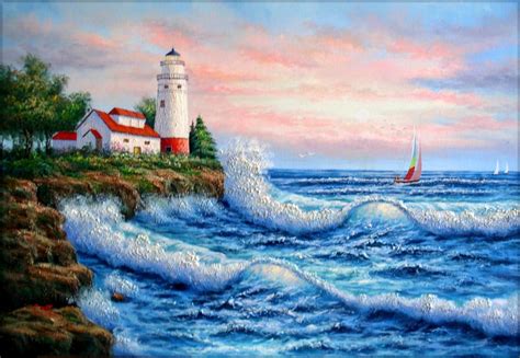 Framed Quality Hand Painted Oil Painting Seascape With Lighthouse