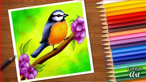 Start the smaller flower with the center. how to draw spring bird || colored pencils tutorial ...
