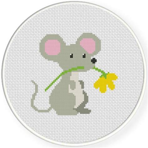 Aida 14, cream 116w x 97h stitches size(s): Cute Mouse with Flower Cross Stitch Pattern - Daily Cross ...