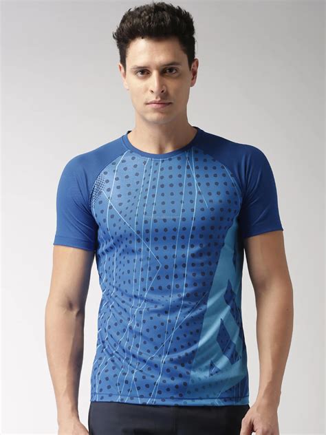 Men Blue Printed Fast Dry Running T Shirt Sweat Away Keep Fresh Sport