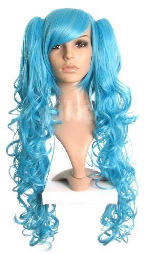 Turquoise Bright Blue Bob Wig With Long Curly Ponytails Cosplay By