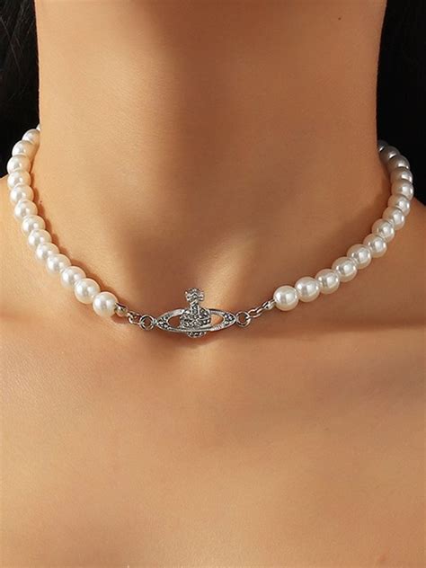 Planet Detail Faux Pearl Necklace Silver One Size In Necklaces