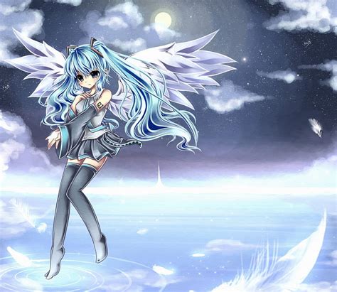 Angelic Miku Float Hatsune Miku Fantasy Moon Anime Feather Hot