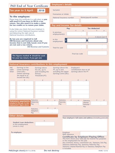 2018 Form Uk P60 Single Sheet Fill Online Printable Fillable Blank