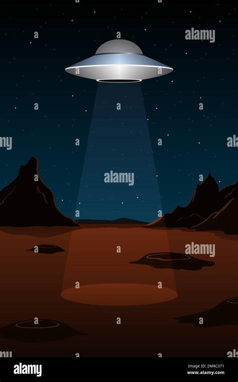 Alien Spaceship Above Planet Mars Vertical Poster Vector Illustration