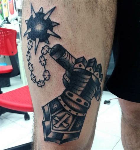 The hilt turns into a tree with a crown above it with small stars around it. 60 Mace Tattoo Designs For Men - Bludgeon and Flail Ink Ideas