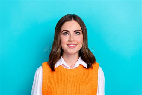 Photo Of Gorgeous Nice Optimistic Woman With Bob Hairstyle Dressed Orange Waistcoat Look Empty