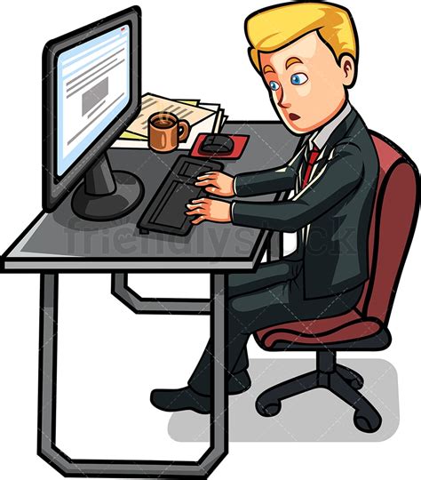 Man Sitting At Desk Working On Computer Cartoon Vector