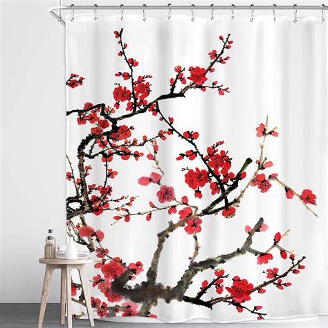Homewelle Red Floral Shower Curtain For Bathroom 60wx72l