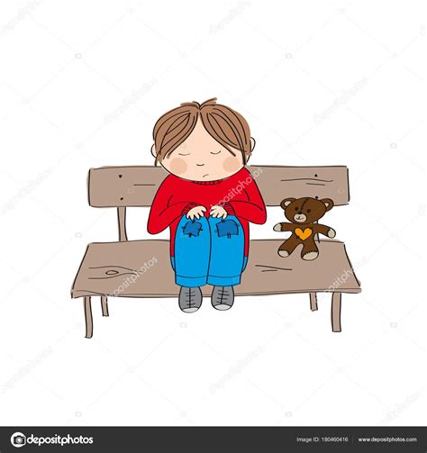 Sad And Alone Little Boy Sitting On The Bench Stock Vector Image By