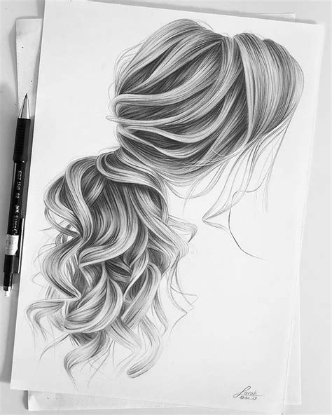 A Pencil Drawing Of A Womans Head With Long Hair In The Back And Side