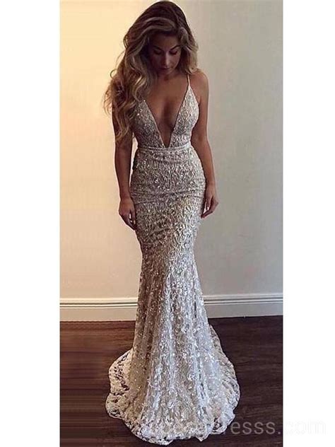Sexy Backless Lace Beaded Mermaid Long Evening Prom Dresses Cheap Cus
