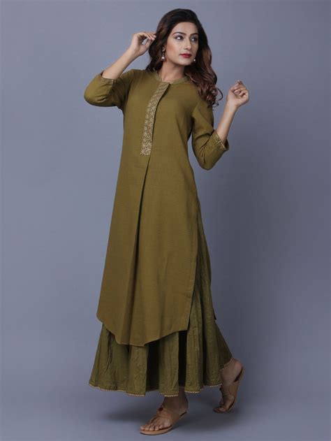 Olive Green Khadi Cotton Embroidered Kurta Long Kurti Designs