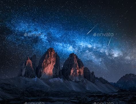 Milky Way Over Tre Cime Di Lavaredo At Night Dolomites Stock Photo By