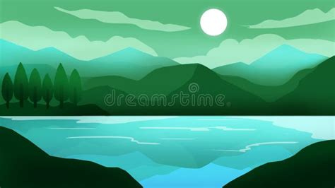Landscape Of Green Mountains And Lake With Night View Illustration