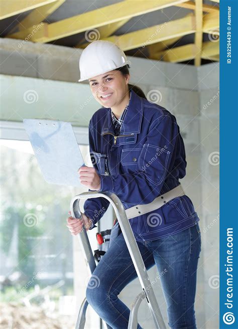 Woman Builder Stands On Stepladder Ladder Stock Image Image Of
