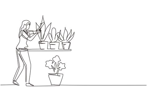 Single Continuous Line Drawing Woman Gardener With Rack And Flowers