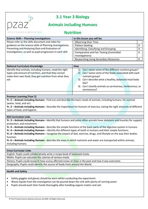 Nutrition Lesson Plan Science Year 3