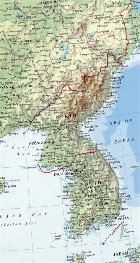Click on the below images to increase! Detailed map of Korean Peninsula with relief, roads, major ...