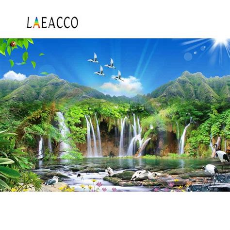 Laeacco Nature Backdrops Waterfall Mountain River Tree Wooden Way
