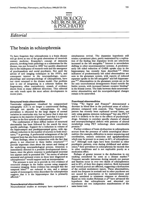 The Brain In Schizophrenia Journal Of Neurology Neurosurgery And Psychiatry