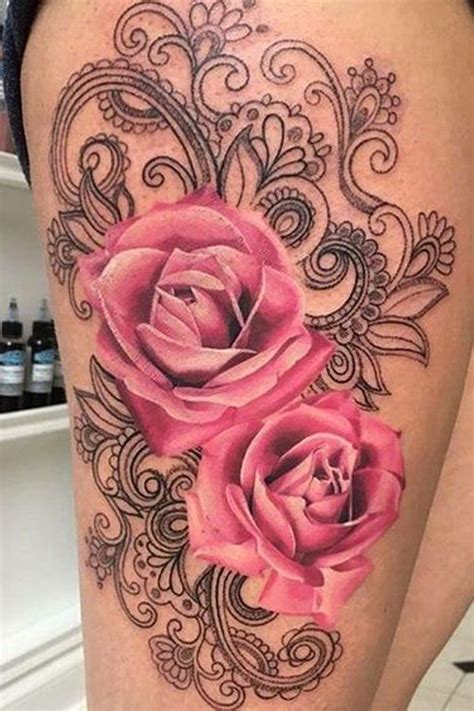 Beautiful Lace Mandala Watercolor Pink Rose Thigh Tattoo