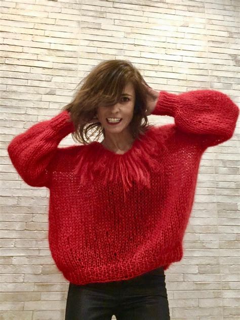 Women Handmade Knit Passion Red Mohair Sweater By Knit Etsy Mohair Sweater Pretty