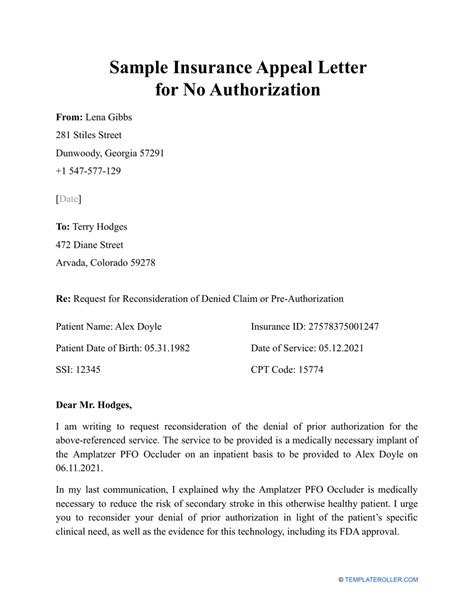 Sample Insurance Appeal Letter For No Authorization Download Printable