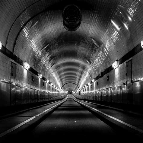 Download Wallpaper 3415x3415 Tunnel Lights Black And White Road Ipad