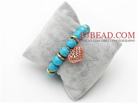 Mm Round Blue Turquoise Beaded Stretch Bracelet With Golden Rose