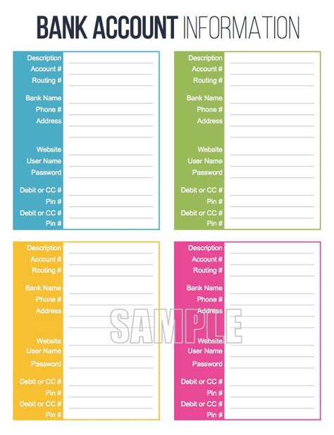 Bank Account Information Printable Fillable Personal Finance