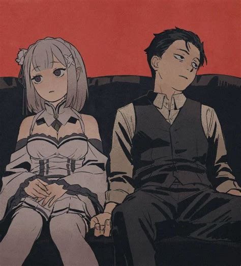 Two Anime Characters Sitting On A Couch In Front Of A Red Wall And One