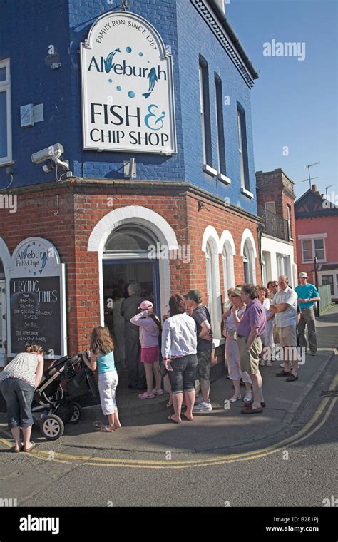 Queue outside fish and chip shop, Aldeburgh, Suffolk Stock Photo - Alamy