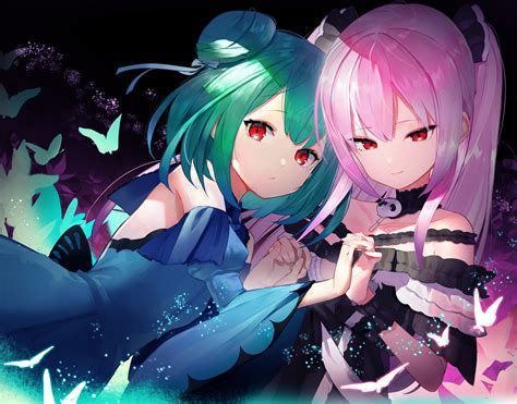 2girls Butterfly Green Hair Hololive Long Hair Pink Hair Red Eyes