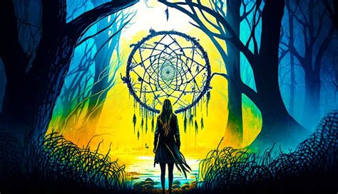Woman Standing In Front Of Forest With Dream Catcher In Her Hand