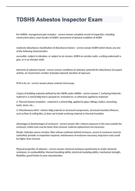 TDSHS Asbestos Inspector Exam questions with complete solutions 2023/