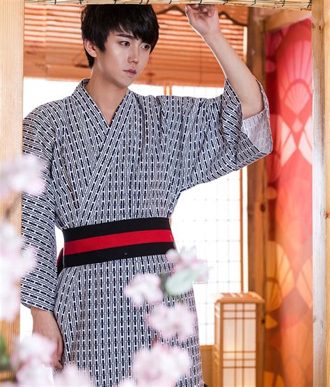 2018 Male Japanese Traditional Kimono With Obi Mens Cotton Robe Yukata Men Bath Robe Kimono